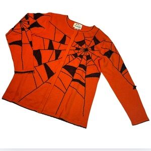 Vtg Quaker Factory XS Halloween Cardigan Beaded Spiderweb Black Orange Ramie